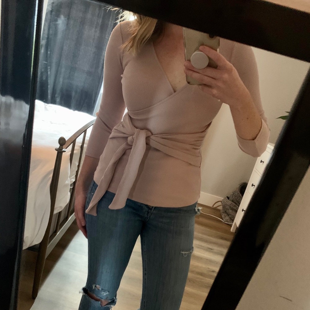 Express Quarter Sleeve Ribbed Wrap Top Baby Pink
